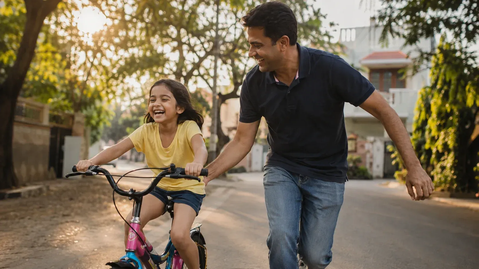 A father steadying his daughter's bicycle seat as she learns to ride, both laughing
