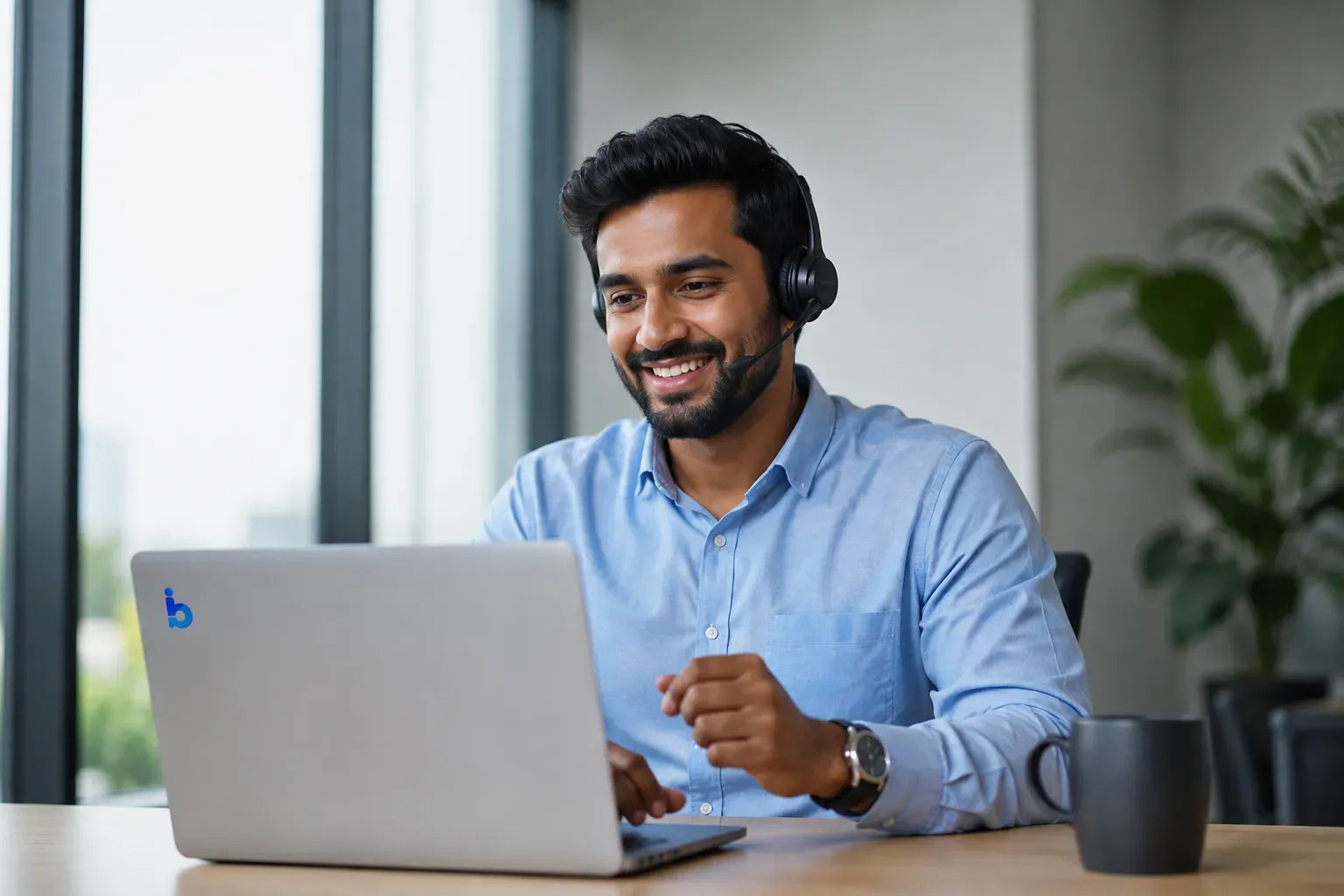 A LetsBima insurance advisor on a support call at his desk