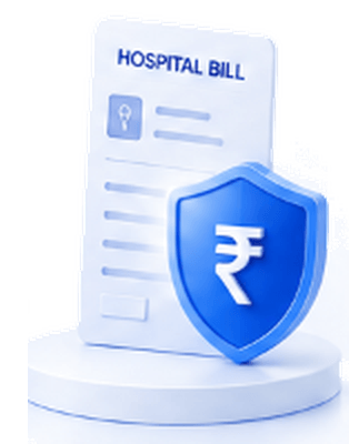 3D Hospital Bill document with Rupee Shield on a light blue pedestal