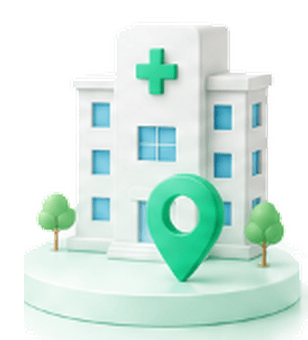 3D Hospital building with trees and green location pin on a mint pedestal