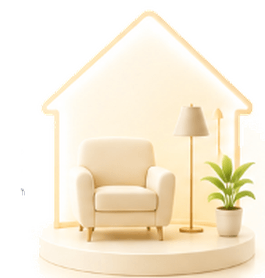 3D House outline with cozy armchair, lamp and plant on an amber pedestal