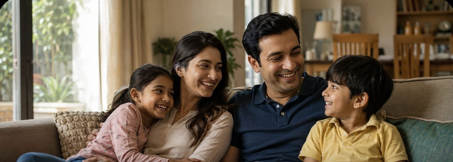 Loving family at home in India with comprehensive life insurance protection